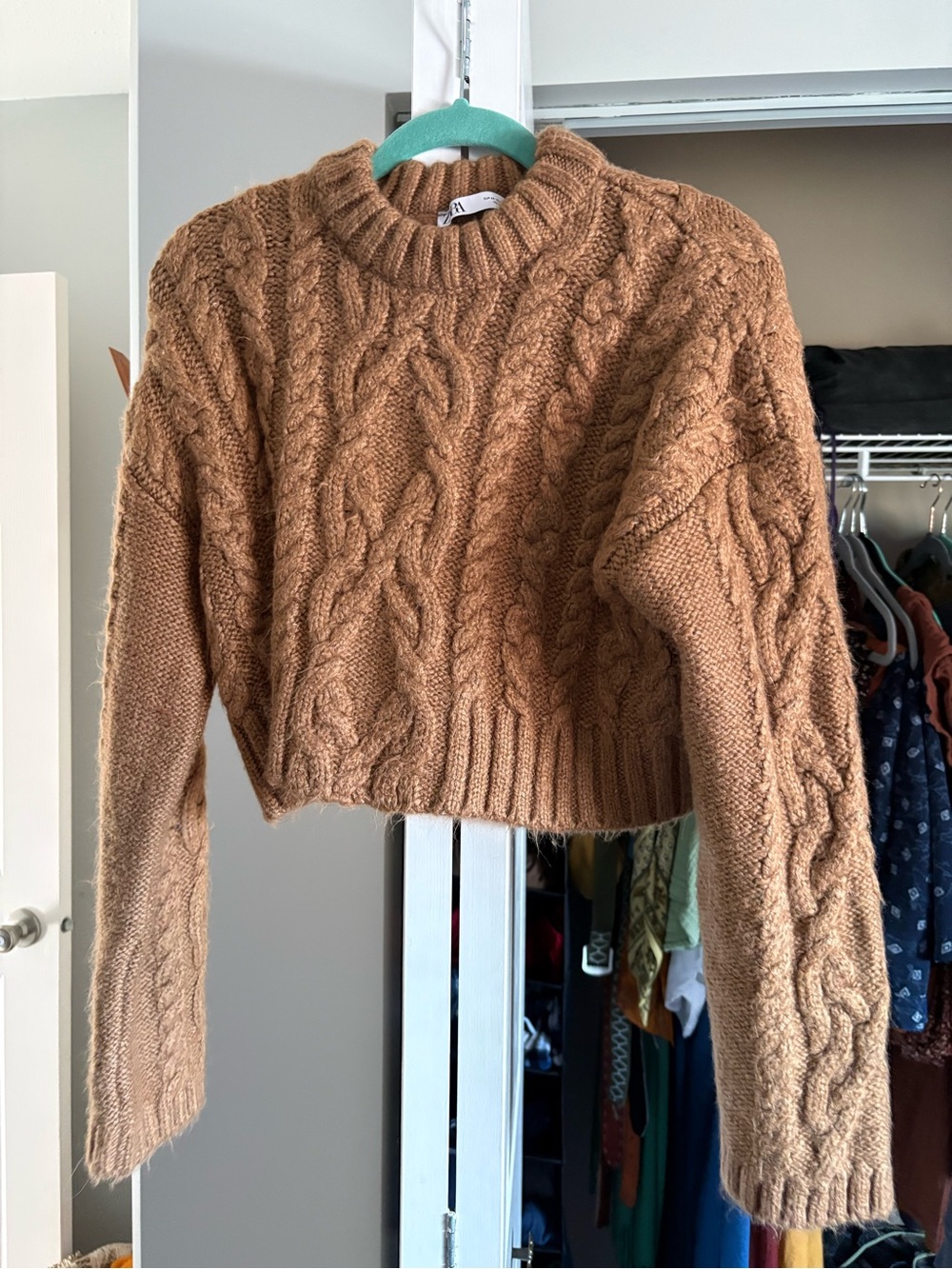 Zara Camel Cable-Knit Cropped Crew Sweater